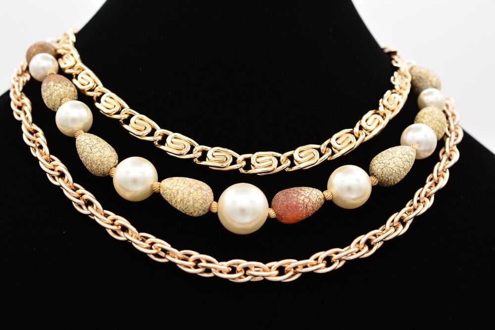 Coro Vintage Collar Necklace Multi-Chain Gold Tone Faux Pearl Signed NOS Bin3A